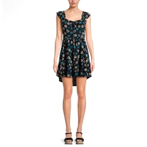 Black and Blue FLORAL High-Low Dress - Flutter Sleeve Dress - Picture 4 of 13